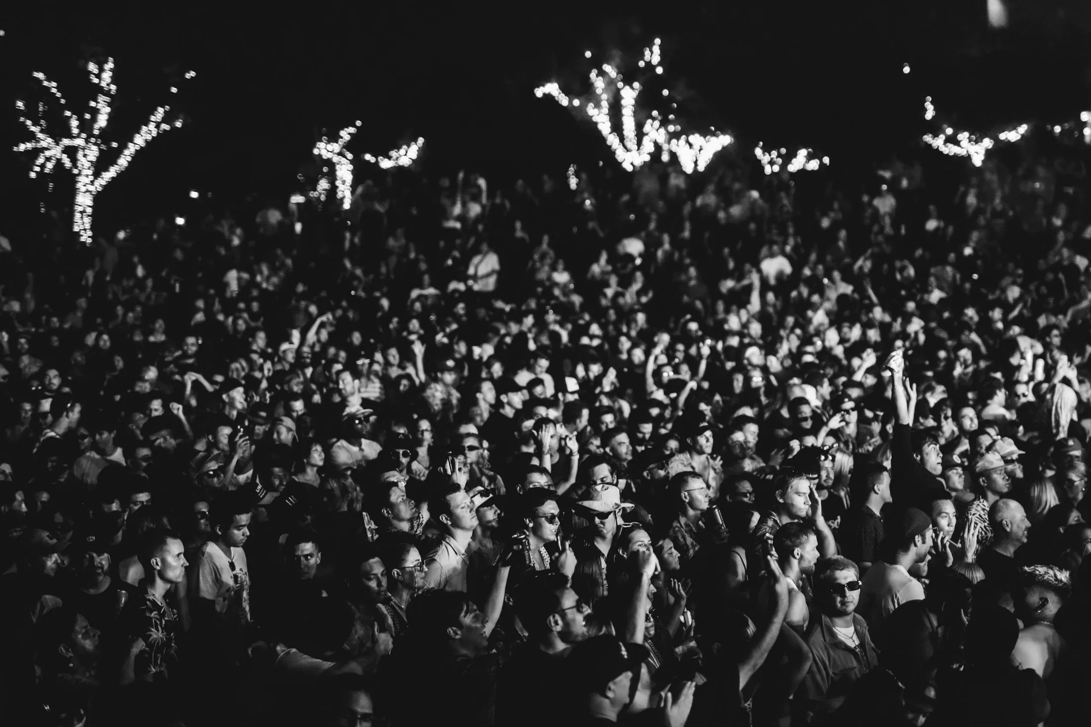 A festival crowd at night beneath strings of lights