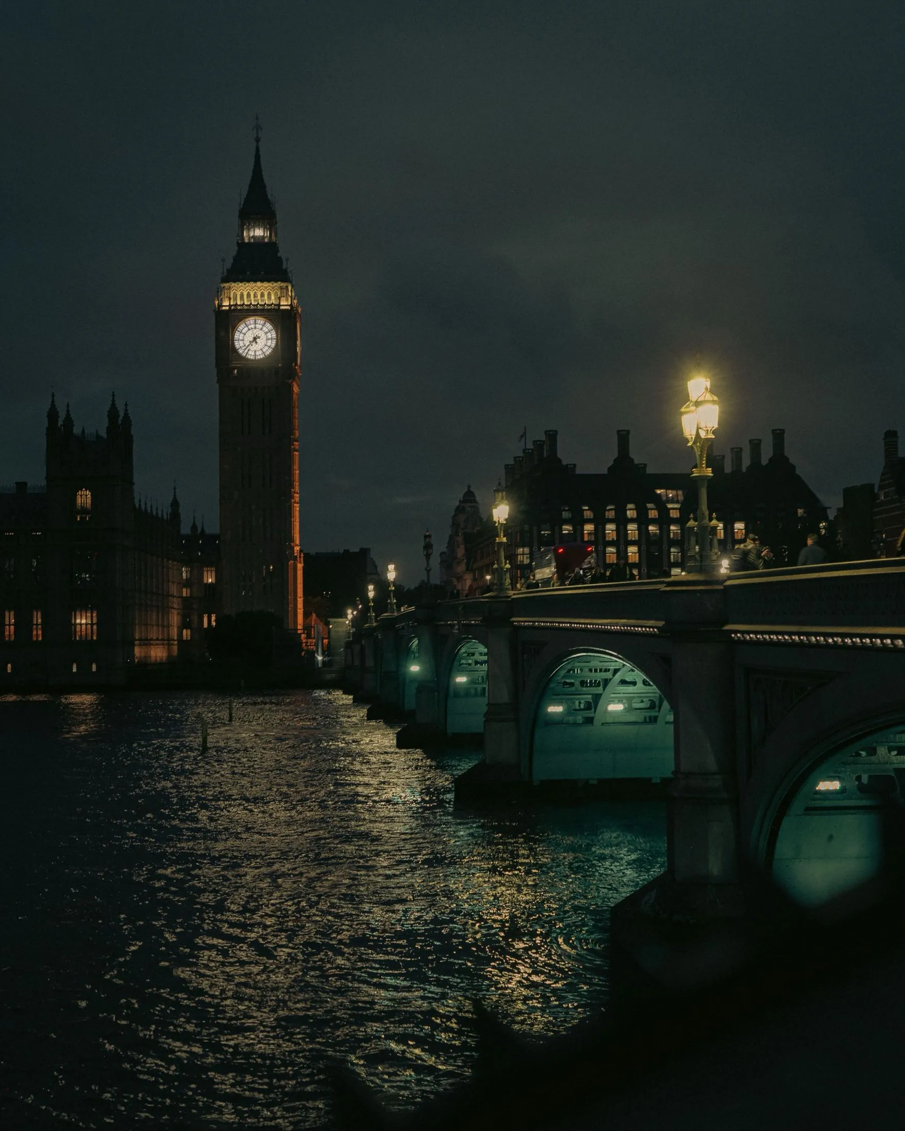 The City of London skyline at night, seen across the river
